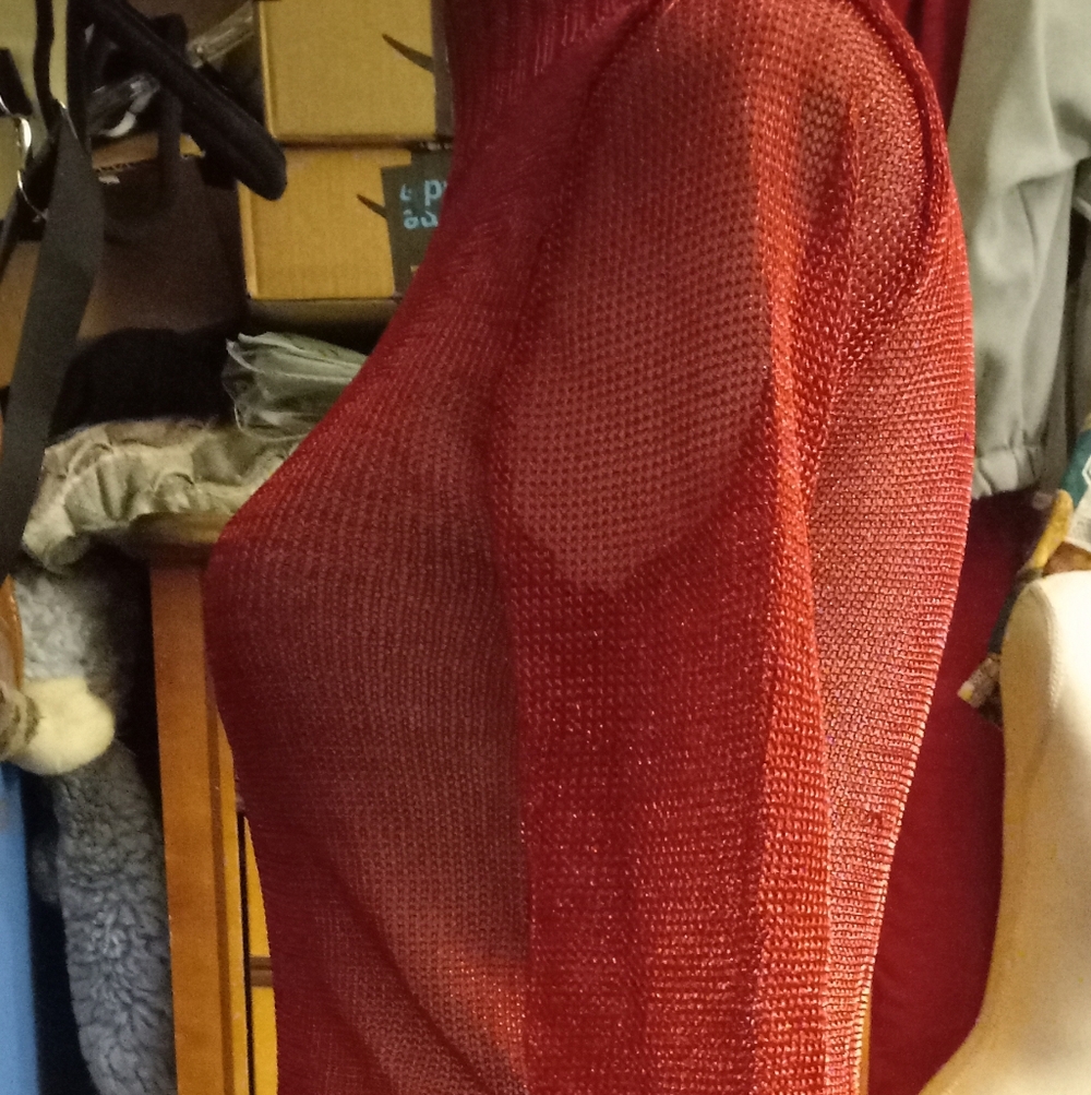 New,tag,red sheer glitter mesh metallic turtleneck l/s sweater top size medium. - Picture 6 of 14